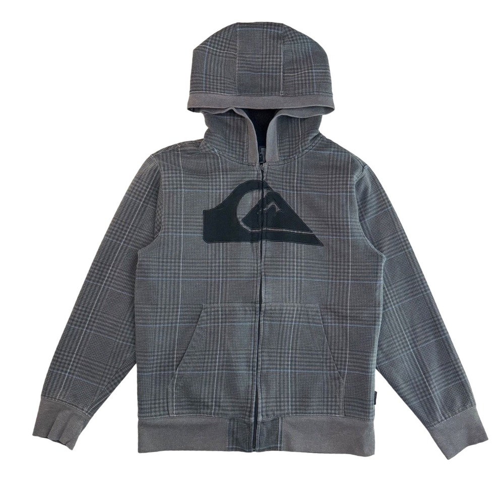 Quiksilver Boys Sherpa Lined Plaid Full Zip Hoodie Grey Gorpcore Size L 10/12